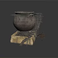 Ancient Bronze Cauldron Setup With Stone Base Wooden Ladder And Stool