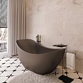 Modern Bathroom With Double Backlit Round Mirrors Marble Walls Dual Vanities And Geometric Floor Tiles