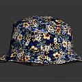 Stylish Blue Floral Pattern Bucket Hat with Decorative Logo and Colorful Design
