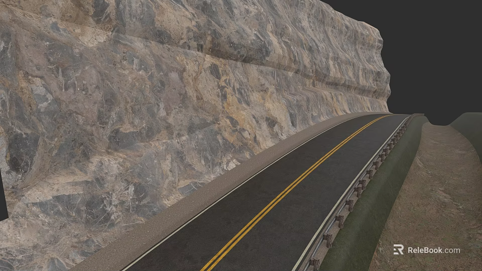 Sleek Modern Car Driving on Mountain Road with Double Yellow Lines and Guardrail 3d model 