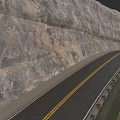 Sleek Modern Car Driving on Mountain Road with Double Yellow Lines and Guardrail