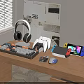 Gaming Digital Desktop Setup With Headphones Keyboard Controller Mouse And Tablet