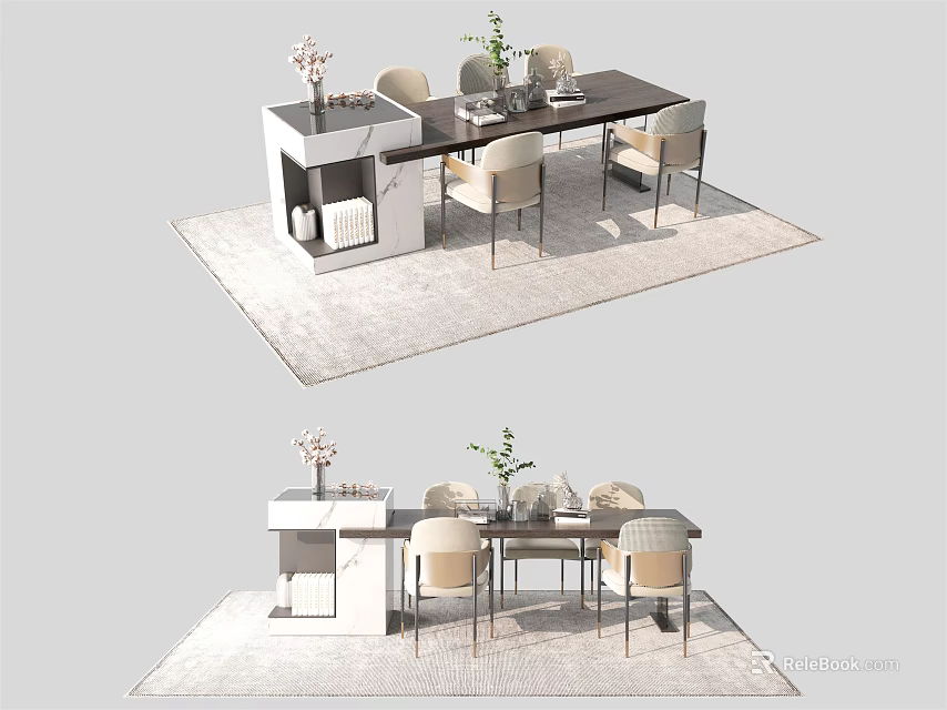 Modern Dining Table Set With Chairs Side Cabinet Plant And Vase On Rug 3d model