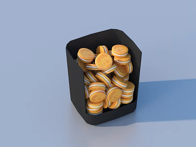 Golden Round Cookies Stacked in Black Box Perfect for Snacking Treats 3d model