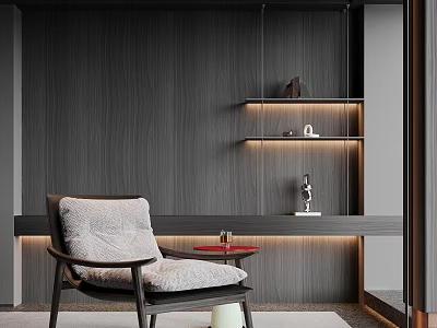 Accent Chair with Gray Cushion Against Dark Wood Grain Wall and Lit Shelves 3d model