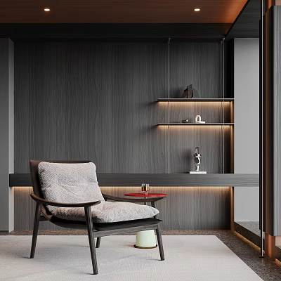 Accent Chair with Gray Cushion Against Dark Wood Grain Wall and Lit Shelves 3d model