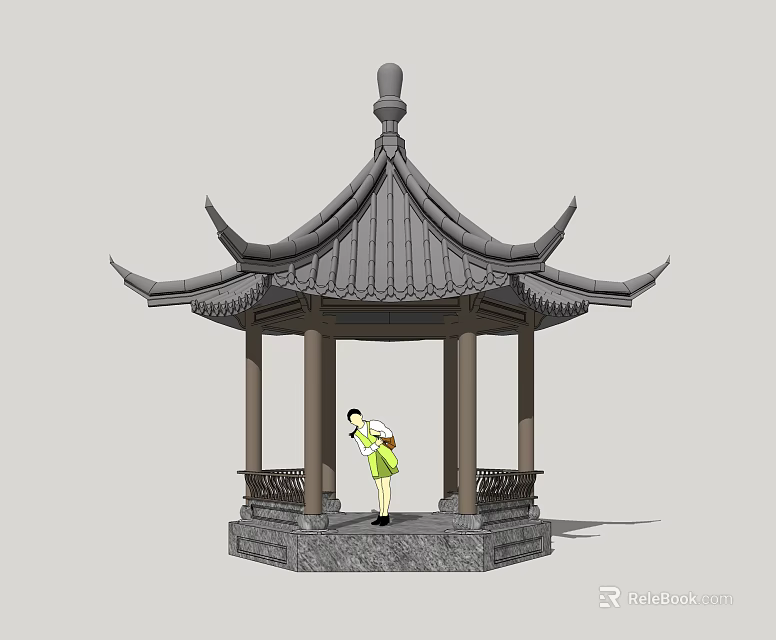 Traditional Chinese Pavilion Structure With Tiled Roof Stone Base And Standing Person 3d model 