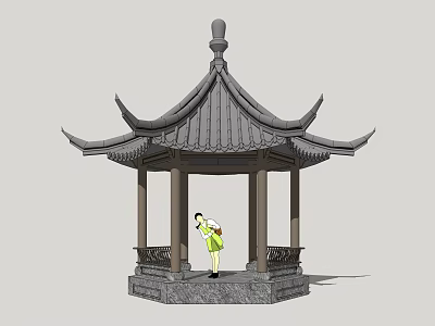 Traditional Chinese Pavilion Structure With Tiled Roof Stone Base And Standing Person 3d model