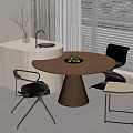 Modern Round Wooden Dining Table Set With Three Chairs Green Plant And White Curved Sideboard