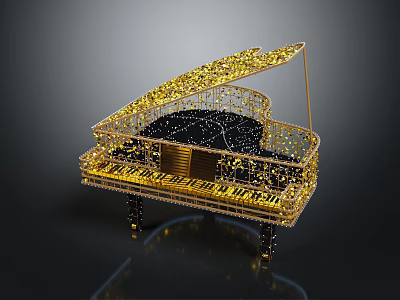 Luxurious Golden Grand Piano Decorated with Sparkling Art Materials and Intricate Black Keys 3d model