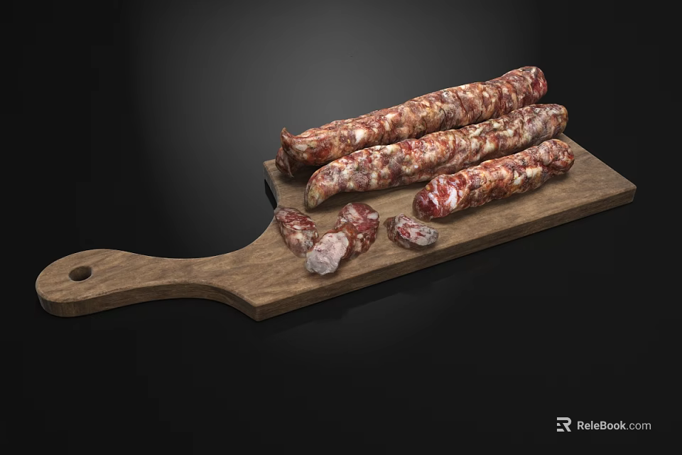 Delicious Sausages Arranged on Wooden Board with Sliced Portions and Rich Texture 3d model 