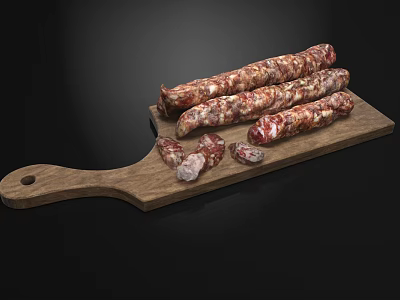 Delicious Sausages Arranged on Wooden Board with Sliced Portions and Rich Texture 3d model