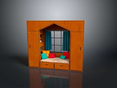 Wooden Furniture Set With Window Seating Bench Colorful Cushions And Drawers 3d model