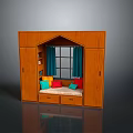 Wooden Furniture Set With Window Seating Bench Colorful Cushions And Drawers