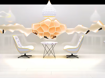 Contemporary Exhibition Booth Featuring Honeycomb Orange Decoration White Chairs With Yellow Trim And Small Table 3d model