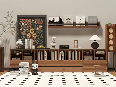 Warm Living Room Wooden Decorative Cabinet With Books Statue Table Lamp And Potted Plant 3d model