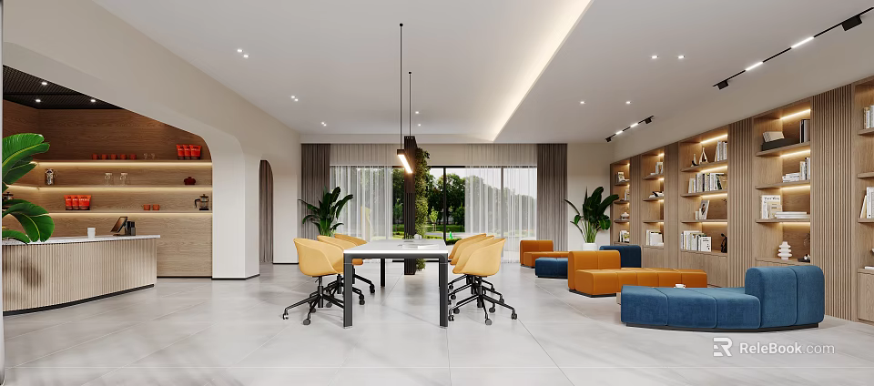 Modern Public Office Space With Yellow Chairs Sofas Plants And Large Windows 3d model