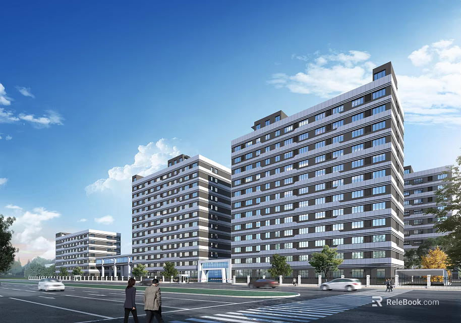 Modern Multiple High Rise Office Buildings With Green Trees Pedestrians And Cars Under Blue Sky 3d model 