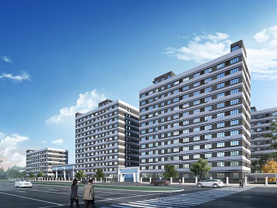 Modern Multiple High Rise Office Buildings With Green Trees Pedestrians And Cars Under Blue Sky 3d model