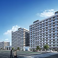 Modern Multiple High Rise Office Buildings With Green Trees Pedestrians And Cars Under Blue Sky