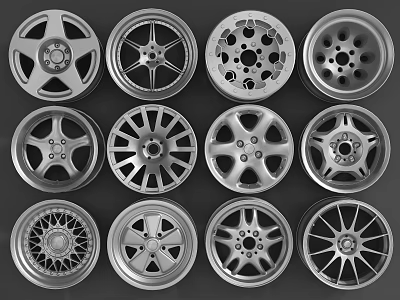 Various Car Tires Featuring Different Wheel Designs And Metallic Surface Finishes 3d model