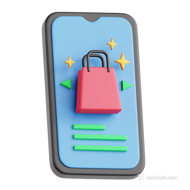 Digital Mobile Phone Screen Showing Shopping Bag Icon With Yellow Stars Green Arrows And Lines 3d model 