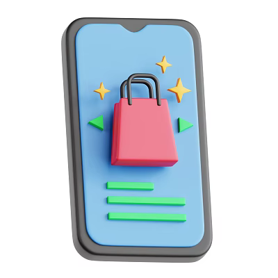 Digital Mobile Phone Screen Showing Shopping Bag Icon With Yellow Stars Green Arrows And Lines 3d model