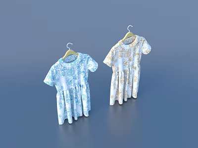 Floral Print Short Sleeve Dresses In Blue And Gold Patterns Hanging On Hangers 3d model