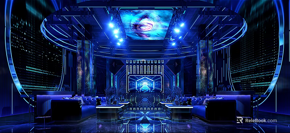 Futuristic KTV Interior Design With Blue Lighting Sofas Stage And Large Screens 3d model 