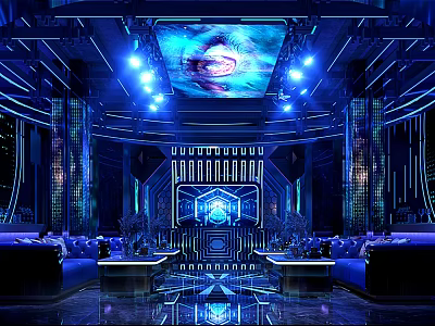 Futuristic KTV Interior Design With Blue Lighting Sofas Stage And Large Screens 3d model