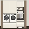 Modern Laundry Room Design With Two Washing Machines Cabinets Shelves Detergent Bottles And Ironing Board