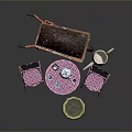 Outdoor Garden Furniture Set Pink Metal Chairs Table With Wheelbarrow Lavender Teacups And Birdbath