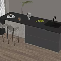 Modern Bar Counter with Black Countertop Light Bar Stools Coffee Machine Fruits Sink and Wooden Floor
