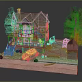 Detached Villa with Red Brick Walls Brown Roof Chimney Vintage Car on Lawn and Trees