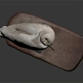 Realistic White Swan Standing on Brown Wooden Base Against Gray Background