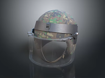 Protective Camouflage Helmet With Transparent Face Shield And Secure Strap Design 3d model