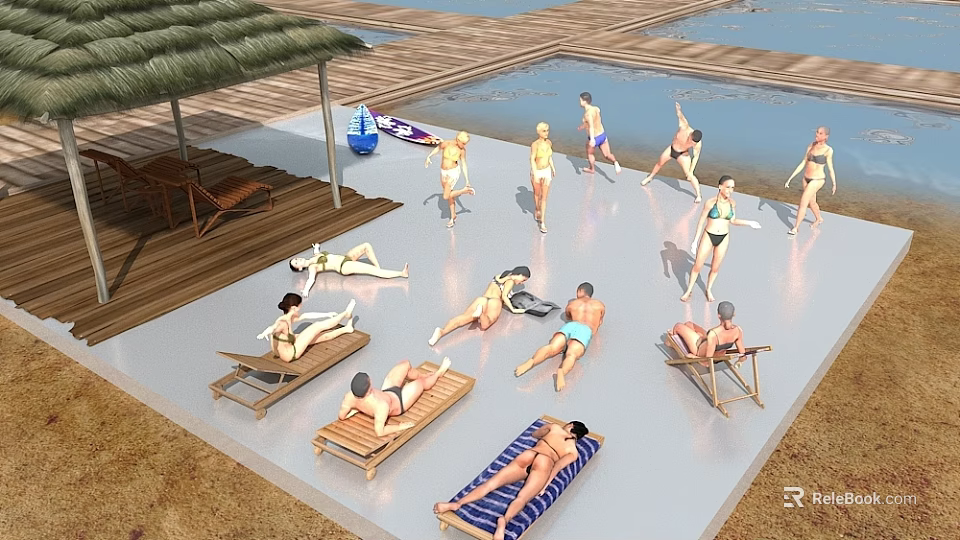 Women enjoying relaxing sunbathing on lounge chairs by outdoor poolside with surfboard 3d model
