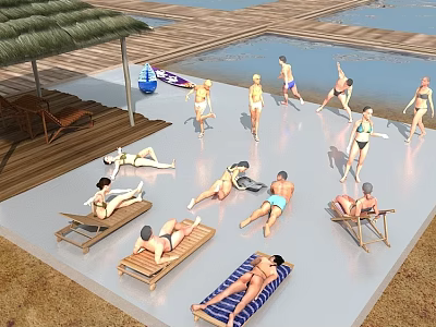 Women enjoying relaxing sunbathing on lounge chairs by outdoor poolside with surfboard 3d model