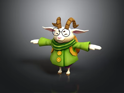 Cartoon Goat With Brown Horns Glasses Green Coat Scarf Backpack Open Arms On Dark Background 3d model
