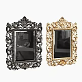 Two Elegant Mirrors With Ornate Black And Gold Frames And Decorative Carvings