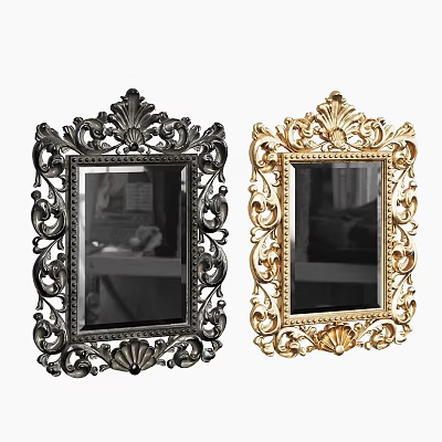 Two Elegant Mirrors With Ornate Black And Gold Frames And Decorative Carvings 3d model
