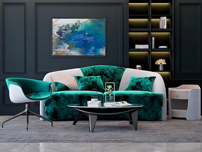 Green Velvet Sofa And Black Coffee Table Set With White Green Cushions Abstract Painting Dark Green Walls Decorative Items 3d model