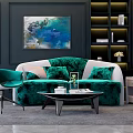 Green Velvet Sofa And Black Coffee Table Set With White Green Cushions Abstract Painting Dark Green Walls Decorative Items