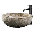 Elegant Round Natural Marble Washbasin Featuring Textured Surface And Modern Faucet Design