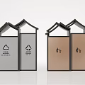 Dual Compartment Public Trash Bins With Recycling Signs And Waste Disposal Icons