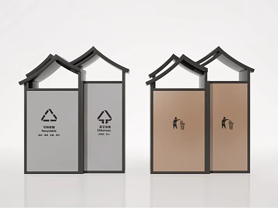 Dual Compartment Public Trash Bins With Recycling Signs And Waste Disposal Icons 3d model