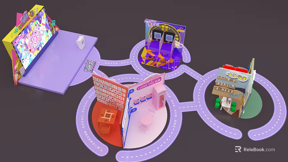 Interactive Zone With Multiple Colorful Interactive Stations Connected Paths And Playful Design 3d model