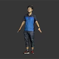 Man Wearing Blue Black Striped Polo Shirt Jeans Red Sneakers With Arms Outstretched Gray Background