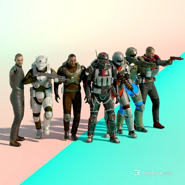 Sci Fi Men in Different Combat Suits Holding Weapons Standing Together 3d model 