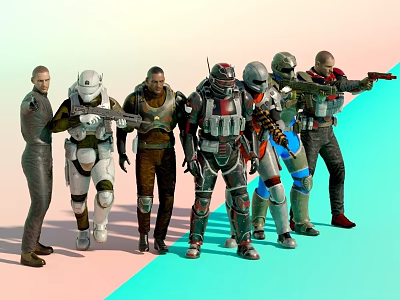 Sci Fi Men in Different Combat Suits Holding Weapons Standing Together 3d model